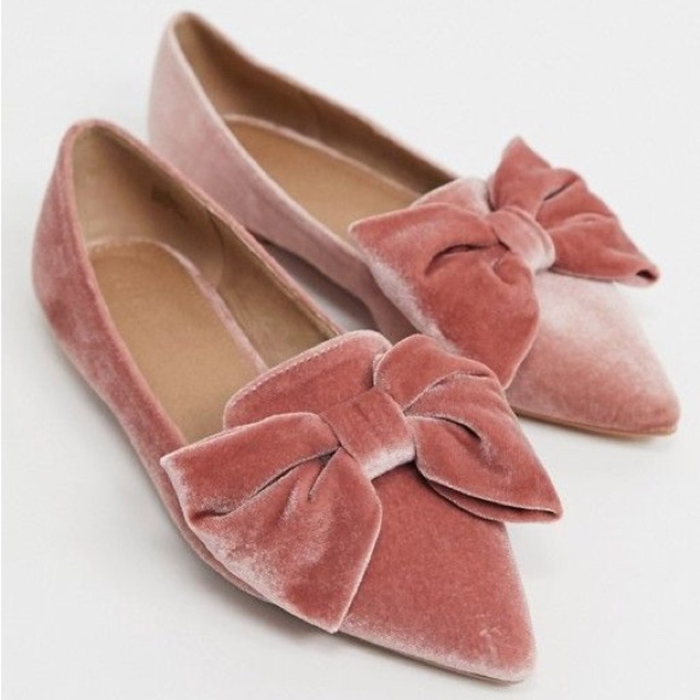 ASOS Pink Velvet Bow Flats (wide fit)